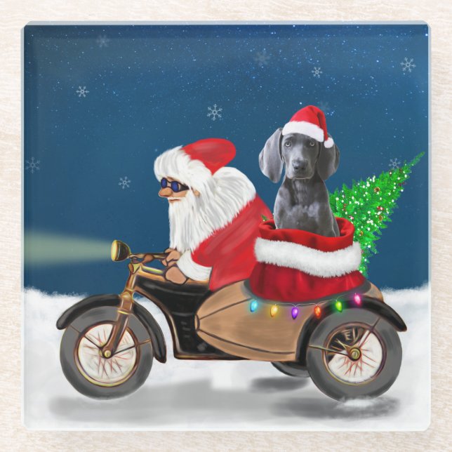 Dessous-de-verre En Verre Weimaraner Chien Noël Père Noël (Devant)