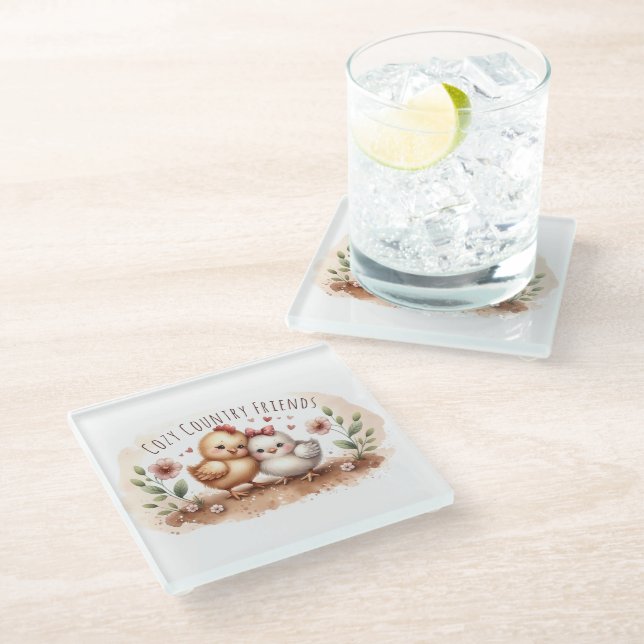 Dessous-de-verre En Verre Whimsical Chick Duo Cottagecore Watercolor (Incliné)
