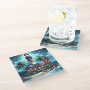 Dessous-de-verre En Verre Whimsical Tropical Christmas Lighthouse Turquoise 