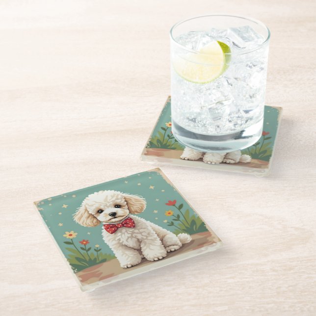 Dessous-de-verre En Verre White adorable poodle with bow tie (Incliné)