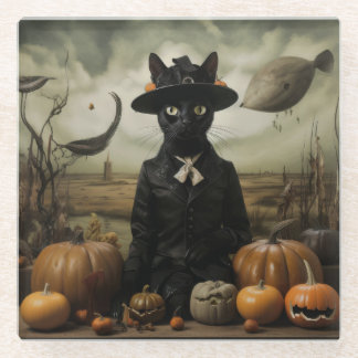 Dessous-de-verre En Verre Witch Cat with Pumpkins 