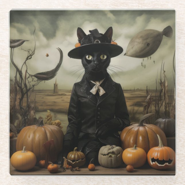 Dessous-de-verre En Verre Witch Cat with Pumpkins  (Devant)