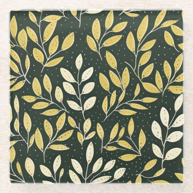 Dessous-de-verre En Verre Yellow and Cream Leafy Branches Pattern  (Devant)