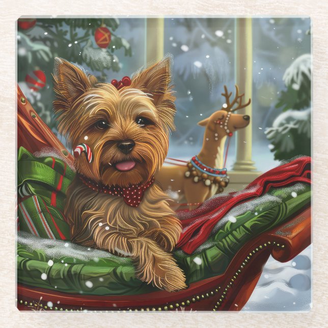 Dessous-de-verre En Verre Yorkshire Terrier Chien Fête de Noël (Devant)