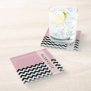 Dessous-de-verre En Verre Zigzag noir et blanc, Chevron, rose, Votre nom