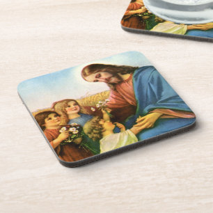 Dessous-de-verre Enfants de vintage apportent des fleurs à Jésus-Ch