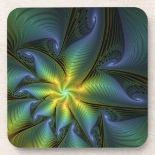 Dessous-de-verre Etoile Abstraite, Bleu brillant Vert Or Fractal Ar
