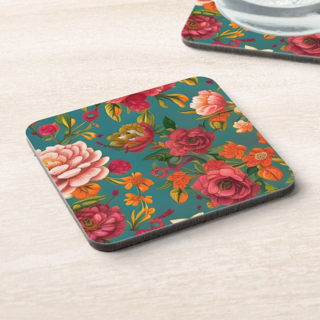 Dessous-de-verre Étonnant rose fleuri orange et turquoise (Côté gauche)