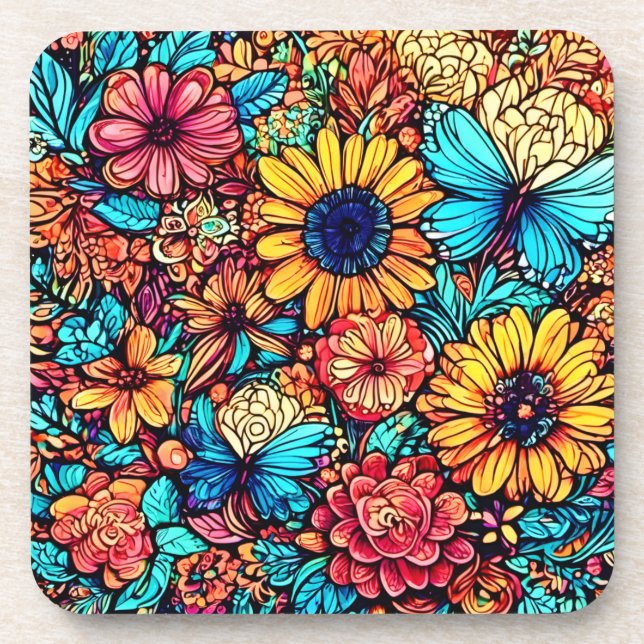 Dessous-de-verre Explosion florale vibrante par Doodle (Devant)
