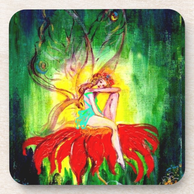 Dessous-de-verre FAIRY DREAMING SUR LA FLEURS ROUGE vert jaune (Devant)