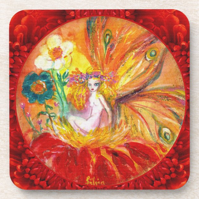 Dessous-de-verre FAIRY OF THE FLOWERS Red Yellow Imaginaire (Devant)
