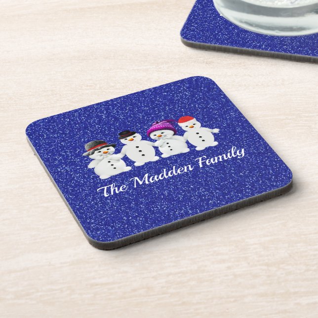 Dessous-de-verre Famille de quatre Snowmen Blue Sparkle Winter (Côté gauche)