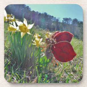 Dessous-de-verre fée à aile rouge et jonquilles