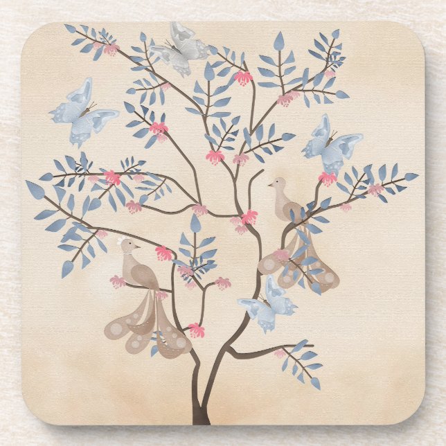Dessous-de-verre Fée imaginaire oiseaux fleurs beige grunge rétr (Devant)