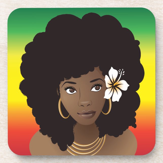 Dessous-de-verre Femme noire, Fleur dans les cheveux, Rouge Jaune V (Devant)