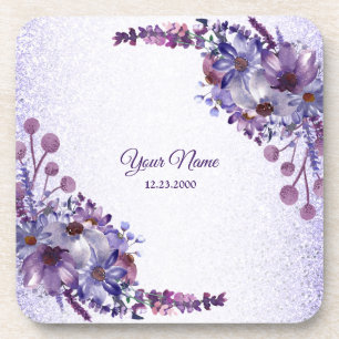 Dessous-de-verre Fête de mariage pailletée florale bleu violet rose