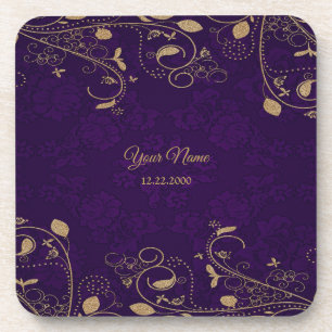 Dessous-de-verre Feuilles Florales Dorées Mariage Moderne Violet