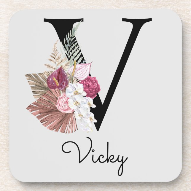 Dessous-de-verre Fille Boho rose moderne Floral V initial (Devant)