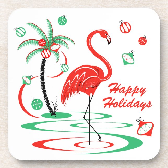 Dessous-de-verre Flamant rose de Noël rouge Joyeux vacances plastiq (Devant)