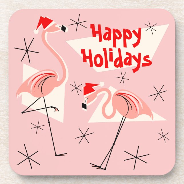 Dessous-de-verre Flamant rose Santas rose Happy Holidays plastique (Devant)