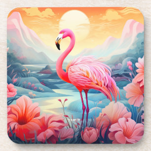 Dessous-de-verre Flamant Tropical avec Fleurs