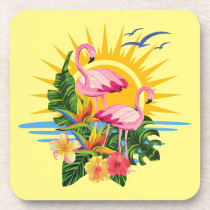 Dessous-de-verre Flamants roses tropicaux soleil et fleurs