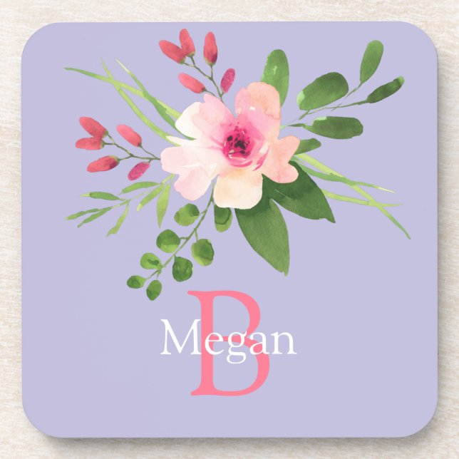 Dessous-de-verre Fleur aquarelle, nom et monogramme sur lavande (Devant)