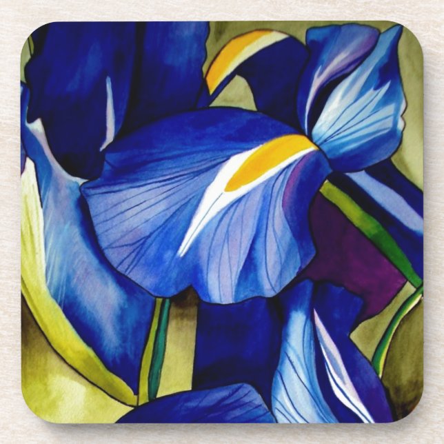 Dessous-de-verre Fleur bleue Iris peinture originale aquarelle (Devant)