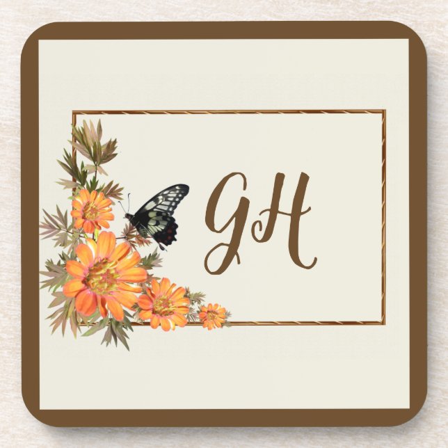 Dessous-de-verre Fleur de papillon moderne et élégant Monogramme (Devant)