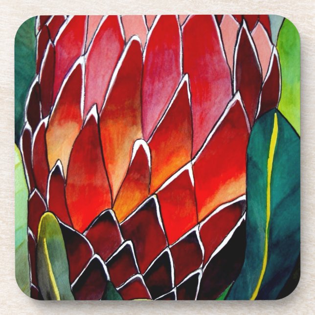 Dessous-de-verre Fleur rouge Protea art original aquarelle (Devant)