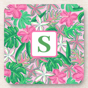Dessous-de-verre Fleur tropicale Monogramme rose blanc vert Preppy