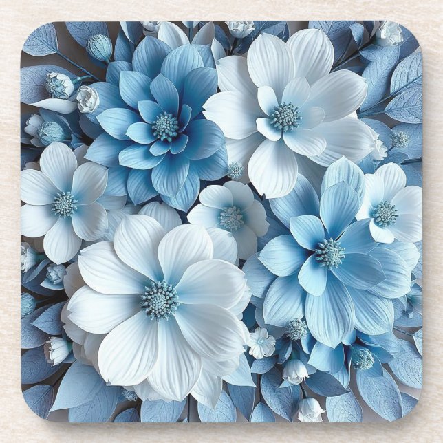 Dessous-de-verre Fleurs 3D bleues et blanches (Devant)