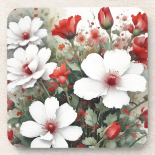 Dessous-de-verre Fleurs blanches et rouges élégante aquarelle