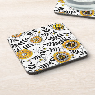 Dessous-de-verre Fleurs de gribouillis et feuilles en jaune et noir