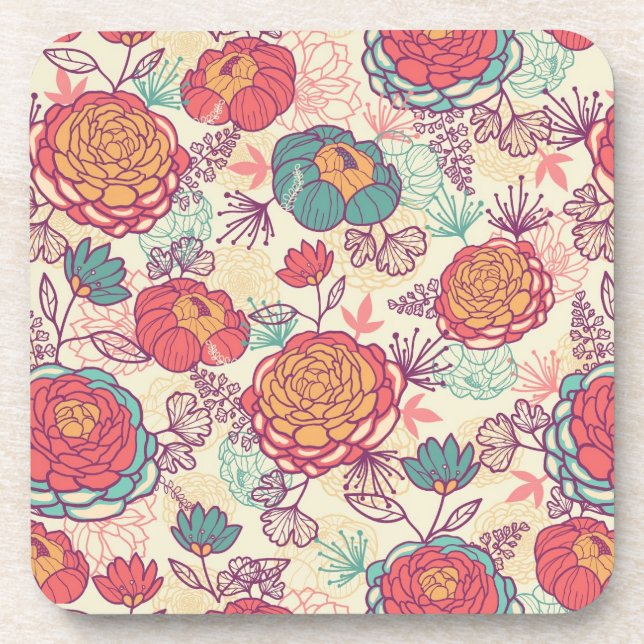 Dessous-de-verre Fleurs de pivoine et motif feuille (Devant)