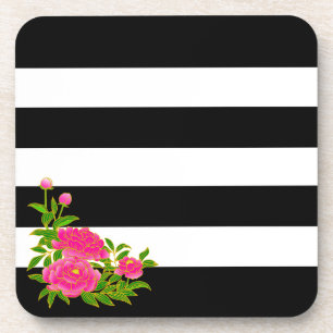 Dessous-de-verre Fleurs de pivoine sur rayures noir et blanc