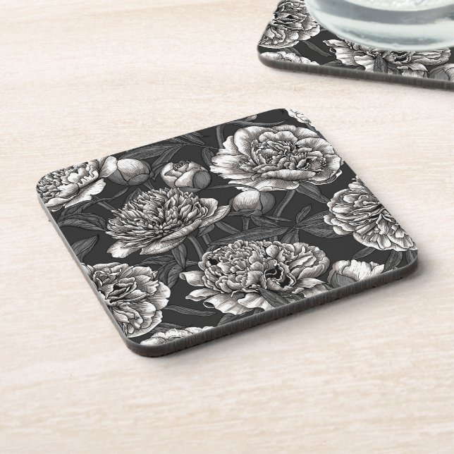 Dessous-de-verre Fleurs de pivoines blanches sur gris foncé (Côté gauche)