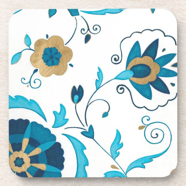 Dessous-de-verre Fleurs Indigo dorées avec Arrière - plan blanc (Devant)