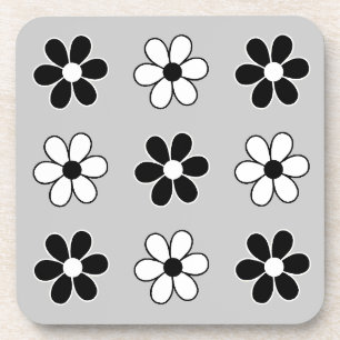 Dessous-de-verre Fleurs noires et blanches modernes sur gris argent