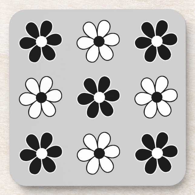 Dessous-de-verre Fleurs noires et blanches modernes sur gris argent (Devant)