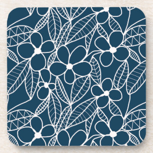 Dessous-de-verre Fleurs tropicales bleu foncé et blanc