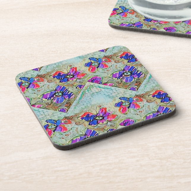 Dessous-de-verre Fleurs violettes et bleues Carrés Zigzags (Côté gauche)