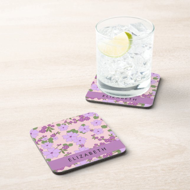 Dessous-de-verre Fleurs Violettes, Motif De Fleurs, Votre Nom (Côté Droit)