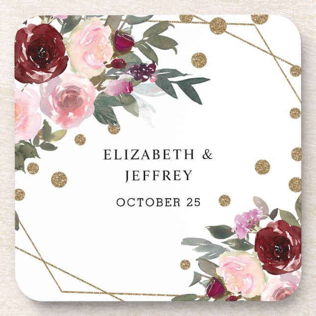 Dessous-de-verre Floral Bourgogne Parties scintillant or Mariage gé (Devant)