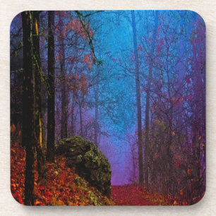 Dessous-de-verre Forêt peinte automne pourpre brouillard