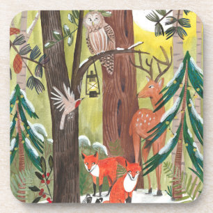Dessous-de-verre Forêt verte avec des animaux de la forêt d'hiver