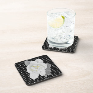 Dessous-de-verre Gardenia blanche Fleur noir blanc Polka point
