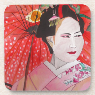 Dessous-de-verre Geisha japonais avec parapluie rouge art original