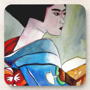 Dessous-de-verre Geisha japonaise avec kimono bleu, œuvre d'art ori