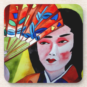 Dessous-de-verre geisha japonaise avec ventilateur peinture d'art o